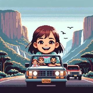 niña blanca con cabello marrón de 5 años, junto a sus joven papa y mama viajando en carretera por Venezuela en una camioneta pick up 4x4, tepuys cascadas de fondo