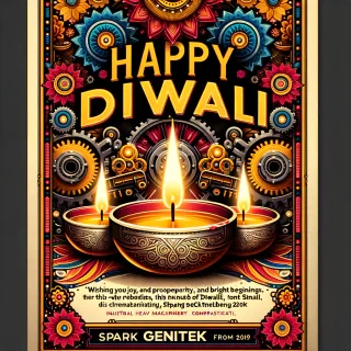 "Create a festive Happy Diwali poster for Spark Engitech, an industrial heavy machinery company. The poster should have a warm, celebratory theme with traditional Diwali elements like diyas, rangoli, and vibrant colors (such as gold, deep red, and royal blue). Include a message wishing 'Happy Diwali' with a line like 'Wishing you joy, prosperity, and bright beginnings this Diwali from Spark Engitech.' Make the design modern and professional, subtly reflecting the industrial aspect of Spark Engitech with sleek lines or subtle gear motifs in the background."