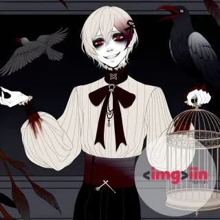 realistic horror anime aesthetic, dark eclectic color palette, Art Nouveau elements, young man villain, crow on shoulder, empty birdcage on hand, bloody collared white shirt, puffy long juliet sleeves, black pants, looking at viewer, pale skin, crimson eyes, ribbon, x hair ornament, white short hair, long sidelocks, sinister, creepy smile