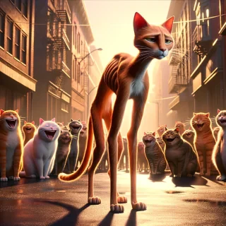 Skinny, tall orange cat, rib-like bones visible, standing alone on a street as other cats laugh behind him. Sad expression. Cinematic lighting, smooth animation, vertical 9:16, vibrant colors, TikTok reel style