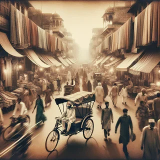 Generate a vintage image of a cycle rickshaw weaving through the bustling lanes of Old Delhi. Use warm sepia hues, soft focus, and gritty texture to showcase market scenes, hanging fabrics, and curious pedestrians. Include motion blur to suggest dynamic action.