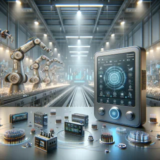 A premium, ultra-realistic industrial scene showcasing advanced automation control products in a modern environment. In the foreground, display sleek control panels, smart PLC units, digital touch interfaces, and automation controllers with glowing LED indicators. The products should look metallic, high-tech, and precisely engineered.  Background features a futuristic industrial facility with robotic arms, automated conveyor systems, and smart machinery operating seamlessly. Add soft blue and white ambient lighting to create a clean, intelligent engineering feel. Include subtle holographic UI elements floating around (graphs, data streams, control icons) to emphasize digital automation.  Use a light grey gradient background blended with industrial textures. Highlight the product with sharp focus, depth of field, and reflections on polished surfaces. Add a slight glow effect around the product edges for a premium look.  Text placement: Top: “Control Smarter. Operate Faster.” Bottom: “Explore Our Automation Control Product Range”  Style & Quality: 8K resolution, ultra-detailed, cinematic lighting, photorealistic, sharp shadows, professional product photography style, minimal yet futuristic composition, high contrast, clean corporate branding look.
