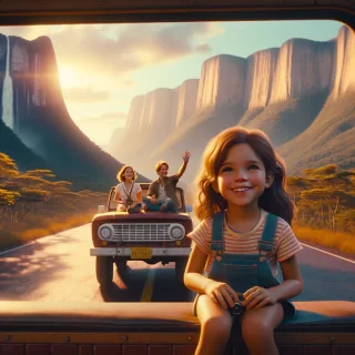 niña blanca con cabello marrón de 5 años, junto a sus joven papa y mama viajando en carretera por Venezuela en una camioneta pick up 4x4, tepuys cascadas de fondo