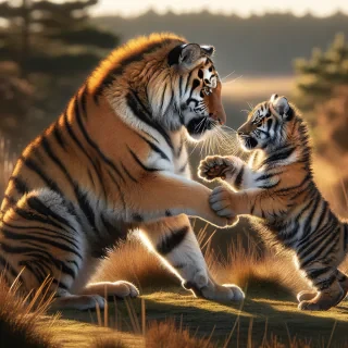 A tiger and baby fighting