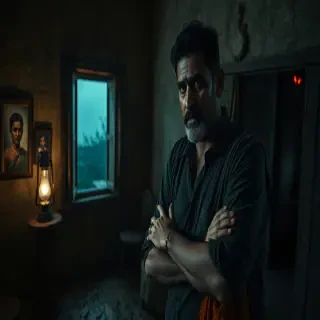 A deeply disturbed Telugu man standing frozen with shock, inside an old haunted ancestral house in rural Andhra Pradesh after hearing terrifying supernatural truths about his dead mother becoming a crow demon spirit, dim flickering oil lantern casting moving shadows across cracked mold-covered walls, fear and disbelief slowly growing on his face, sweat on forehead, trembling hands, emotionally shattered expression, his terrified young wife clutching his arm tightly beside him with tear-filled eyes, background filled with eerie old family portraits staring unnaturally, faint black crow feathers scattered across the floor, cursed southern window slightly open with cold supernatural wind entering, curtains moving unnaturally, distant glowing red eyes barely visible in darkness outside the window, heavy psychological horror atmosphere, Telugu folk horror aesthetic, cinematic composition, ultra realistic, volumetric lighting, dark shadows, ominous tension, detailed haunted Indian house interior, horror movie still, 8k ultra detail, unsettling supernatural realism