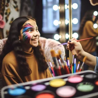 image of a young girl getting her face painted at Salon. It beautifully captures the joyful and playful atmosphere. Let me know if you'd like any modifications!