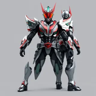 A full body, head to toe, 4K realistic quality render of a Kamen Rider hero costume. The design should be a sophisticated fusion of heroic aesthetics and intricate robotic elements, presenting a sharp, complex, and visually engaging silhouette. Symmetrical proportions. The primary armor and helmet should prominently feature two distinct colors, complemented by a single color for the inner suit and a single accent color for highlighting key details. The background should be a neutral gray, ensuring the costume is the sole focus.   No text. No blur. No bad details. No bored. No defects. No weird. No waist belt. No mechanical. No flat.