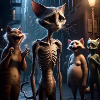 "An anthropomorphic, extremely thin cat with visible skeletal features, standing in a dimly lit area. The cat has a sad expression, wearing simple torn clothing, emphasizing its fragile appearance. Surrounding it are other anthropomorphic cats of various shapes and sizes, laughing mockingly at the thin cat. The background is a somber urban alley, with a mix of shadows and faint light adding to the emotional tone of isolation and ridicule."