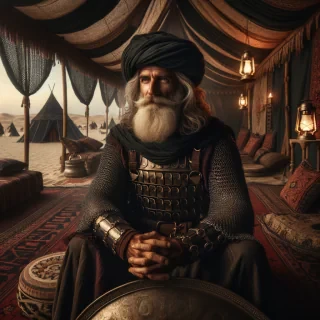 An elderly warrior man with long flowing white-gray hair and a full white beard, deeply wrinkled weathered face with sharp, wise eyes, wearing dark chainmail armor over a leather chest piece with bronze buckles, a large dark olive-green turban on his head — seated cross-legged inside a grand ancient Arabian tent. The tent interior is richly decorated with woven rugs in deep reds and golds covering the sandy floor, hanging silk drapes of dark green and black, ornate oil lanterns casting warm amber glow, cushions and bolsters of embroidered fabric surrounding him. A round iron shield rests against the tent pole beside him. His expression is calm, thoughtful, commanding — the look of a wise elder general. Soft warm candlelight illuminates his face from the side. Outside the tent opening, a vast desert camp is faintly visible with black flags and tents in the dusty dusk light.