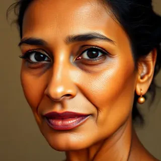 A realistic, highly detailed nude portrait of a middle-aged South Asian woman in her late 40s. Strong, symmetrical oval face with defined, soft jawline, warm golden-brown skin undertones, and realistic skin texture showing subtle weathering, fine lines around the eyes, and natural hyperpigmentation. Deep-set, expressive, almond-shaped dark brown eyes with dark, natural eyelashes and naturally sculpted, soft arched black eyebrows. Distinctive, well-proportioned straight nose with a slightly broad base. Full, naturally defined lips with a prominent cupid's bow and a muted, neutral rose-taupe tone. Deep black hair with visible individual strands and natural stray flyaways, pulled back neatly, exposing her forehead and ears. Small, simple gold stud earrings.