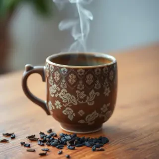 Create a realistic close-up photograph of a Japanese ceramic tea mug, shot with a 50mm lens to achieve a shallow depth of field and highlight intricate design details and a textured surface. Steam rises from the top, tea leaves are scattered on a wooden counter, and the background is softly out of focus.