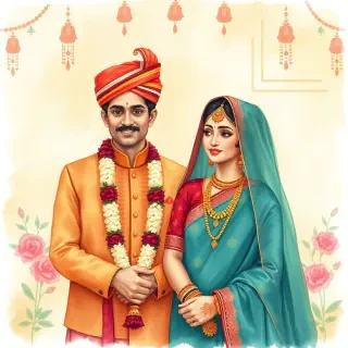 Create a vintage indian wedding scene. This art style must look like watercolored.