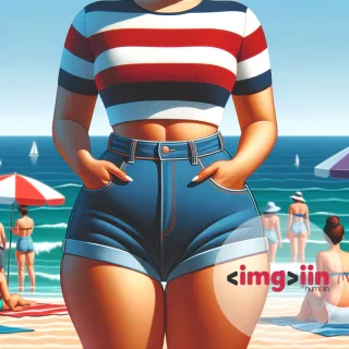 image of Mari. This time, she's at the beach, clearly the center of attention. She's dressed in a crop top with horizontal stripes in white, red, and blue, paired with high-waisted denim shorts. Her exaggerated proportions are once again the focus, with an extremely voluptuous figure that defies typical anatomy