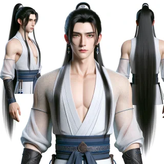 A young man in his twenties, with long black hair tied in a ponytail, with loose strands falling over his face. His skin is Asian in tone, with a serious expression, with green eyes. He is of slim build and wears a traditional white Chinese outfit with dark blue details including wristbands and a belt, chinese shoes. A character is shown from head to thighs, in a half-body shot. The focus is on the upper body and midsection, with the legs partially visible. The character is standing in a neutral pose, with the torso and arms clearly showing. The character is in a neutral stance, with the torso and arms clearly showing.