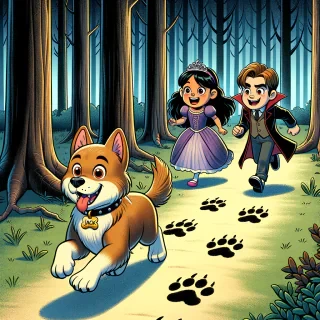 Haz un dibujo en donde se vea a Jack, el perro, corriendo hacia el bosque, con Mariana que está disfrazada de princesa y Esteban disfrazado de vampiro siguiéndolo. En el suelo se ven huellas grandes, y alrededor hay árboles oscuros y altos. (haz el dibujo en estilo caricatura, ya que es para un cuento infantil)