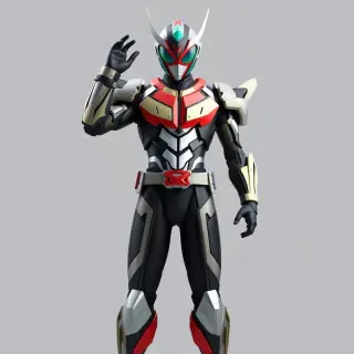 A full body, head to toe, 4K realistic quality render of a Kamen Rider hero costume. The design should be a sophisticated fusion of heroic aesthetics and intricate robotic elements, presenting a sharp, complex, and visually engaging silhouette. Symmetrical proportions. The primary armor and helmet should prominently feature two distinct colors, complemented by a single color for the inner suit and a single accent color for highlighting key details. The background should be a neutral gray, ensuring the costume is the sole focus.   No text. No blur. No bad details. No bored. No defects. No weird. No waist belt. No mechanical. No flat.
