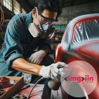 painter with protective mask painting a red car with spray cans