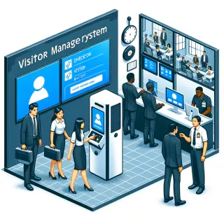 create an image illustrating the Visitor Management System (VMS) in a modern office setting, capturing key features like the check-in process, visitor badge issuance, and security monitoring in action. Let me know if you’d like any adjustments!