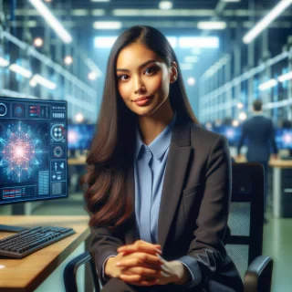 beautiful indian woman in formal uniform sitting on chair for interview in a software company. image must be realistic and highly detailed. 4k image expected.