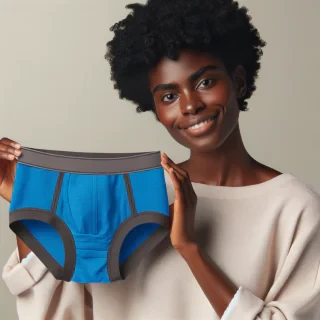 A picture of a model holding  a blue male undeerwear for my clothing brand