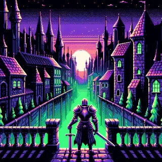 retro dark fantasy world landscape, knight looking from a bridge to an alley with castles, dark look, pixel art, vibrant green and purple, retro style, camera: top down pixel game, inspiration games: hades, Hyper Light Drifter, Ravenswatch, perspective from top, gameplay screenshot from 2d pixel game, stylized low poly graphics
