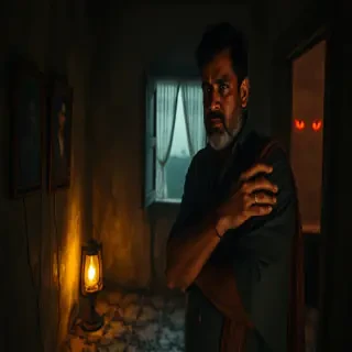 A deeply disturbed Telugu man standing frozen with shock, inside an old haunted ancestral house in rural Andhra Pradesh after hearing terrifying supernatural truths about his dead mother becoming a crow demon spirit, dim flickering oil lantern casting moving shadows across cracked mold-covered walls, fear and disbelief slowly growing on his face, sweat on forehead, trembling hands, emotionally shattered expression, his terrified young wife clutching his arm tightly beside him with tear-filled eyes, background filled with eerie old family portraits staring unnaturally, faint black crow feathers scattered across the floor, cursed southern window slightly open with cold supernatural wind entering, curtains moving unnaturally, distant glowing red eyes barely visible in darkness outside the window, heavy psychological horror atmosphere, Telugu folk horror aesthetic, cinematic composition, ultra realistic, volumetric lighting, dark shadows, ominous tension, detailed haunted Indian house interior, horror movie still, 8k ultra detail, unsettling supernatural realism