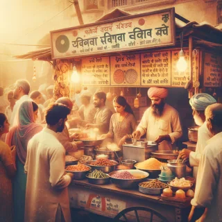 Generate a vintage image of a bustling Indian street food stall selling chaat and jalebi. Use warm, faded colors, film grain, and soft focus on people interacting. Highlight rustic stall signage and serve plates with vibrant ingredients styled in aged tones.