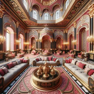 Create a 360° panorama of an elegant royal chamber in a palace. I want the color to be elegant (red, black, gold) with expensive decorations, luxury sofa and room. Raise the furniture position in the image so the furniture is on the upper half of the image. I want the color to be pink and rose pink
