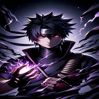 Sasuke Uchiha from Naruto, intense anime-style portrait, dark spiky hair, glowing red Sharingan eyes, powerful pose with one arm emitting purple chakra flames, dark shinobi outfit with high-collar vest and rope belt, dramatic lighting, swirling energy effects, powerful background with abstract lightning and shadow swirls, highly detailed, dynamic action shot, anime aesthetic, 4k resolution, --ar 4:5 --v 5