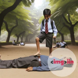 13 year old Indian boy wearing school uniform standing in barefeet stepping on lying man face in park