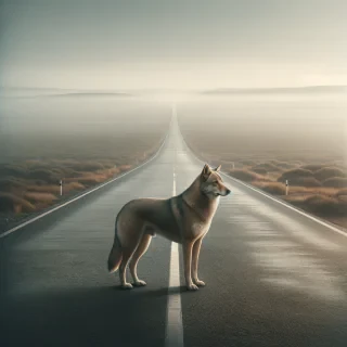 “A lonely, unidentifiable dog in a tranquil, vast landscape, standing on a road that stretches into the horizon. The dog looks thoughtful, perhaps lost, with a gentle yet determined expression. Its fur is a mix of shades of brown and grey, with no distinct breed. The environment is calm, with soft light, and a sense of solitude pervades. The scene evokes themes of self-discovery and longing. In the distance, the road vanishes into the mist, symbolizing an uncertain future. The illustration should be in a minimalist, slightly faded style, with soft colors, creating a melancholic yet hopeful mood. The image should be in a PNG format, with transparent background.”