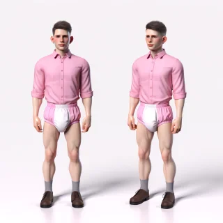 A short girly guy, wearing only a pink diaper. Realistic image