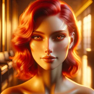 "Une femme saisissante aux cheveux roux vibrants et flamboyants et aux marques faciales éclatantes regarde directement le spectateur avec une expression calme et énigmatique, subtilement illuminée dans un intérieur moderne et chaleureusement éclairé, dégageant un air de force tranquille et de beauté surnaturelle], [Peinture numérique hyperréaliste, influence Art déco], [Éclairage doux de l'heure dorée avec une lumière subtile sur le pourtour soulignant ses traits, faible profondeur de champ avec des détails d'arrière-plan flous, palette de couleurs chaudes d'oranges, d'or et de bruns, texture de peau lisse avec un léger éclat, composition cinématographique, résolution 8k, très détaillée]. "