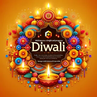Design a festive promotional image for an IT company to celebrate Diwali, incorporating the company's logo. The design should have a vibrant, celebratory feel, featuring traditional Diwali elements such as diyas (lamps), fireworks, rangoli, and festive lights.  Place the company logo prominently at the top or center, ensuring it stands out against the festive background. Use the company’s brand colors (or blend them subtly with traditional Diwali colors like gold, orange, yellow, and deep red). Add a greeting message like 'Wishing You a Bright and Prosperous Diwali from Hexagon Infosoft solutions private limited' in a modern, elegant font. Include a subtle call-to-action like 'Explore Our Services' or 'Connect with Us' at the bottom.  Ensure the image is suitable for online use (social media, email campaigns, and website banners) and the design feels professional yet festive, combining technology elements with the spirit of the Diwali celebration."  Elements to Include:  Festival: Diwali. Colors: Blend traditional festival colors with the company’s branding. Graphics: Lamps, fireworks, lights, and patterns. Text: A greeting, company name, and a simple call-to-action. Logo: Prominently placed to enhance brand recognition. Tone: Professional, festive, and engaging.