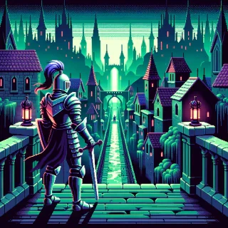 retro dark fantasy world landscape, knight looking from a bridge to an alley with castles, dark look, pixel art, vibrant green and purple, retro style, camera: top down pixel game, inspiration games: hades, Hyper Light Drifter, Ravenswatch, perspective from top, gameplay screenshot from 2d pixel game, stylized low poly graphics