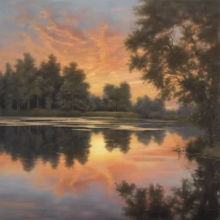 A peaceful lake at sunset with sunburnt clouds. The reflection is on water that is overlooked by trees