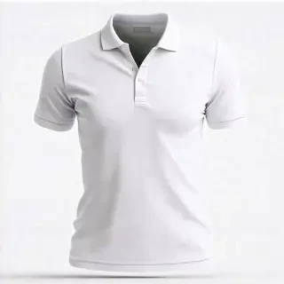 A customized polo shirt with a modern and professional design. The shirt is white, ideal for employee uniforms, and must be realistic and presented in 3D.