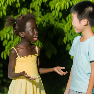 generate an image of a girl and boy talking with each other