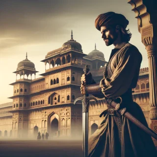 a rajput warrior king standing before his fort, its morning time, he is ready to go in war with his sword
