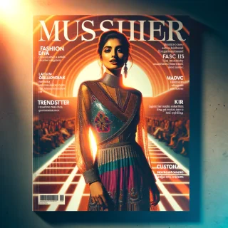 A captivating cover image from Time Magazine featuring a glamorous fashion model, who is proudly showcasing her latest fashion style through a chick dress which is a blend of both trendy and artistic. She is seductively poised front facing for the photographer. The background is a vibrant, futuristic ramp walk, with a rising sun casting warm hues over the scene. The text on the cover reads "Fashion Diva ," "Trendsetter," and "Pinay Icon," highlighting the charm and the enigma of this fashion model., photo, typography