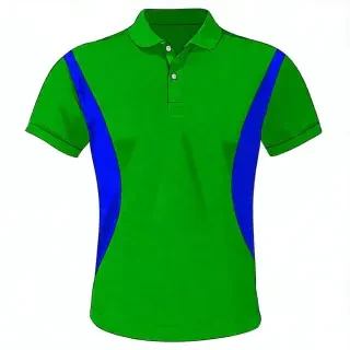 A customized polo shirt for an agribusiness company, featuring a modern and professional design. The shirt has green and blue colors, perfect for employee uniforms.