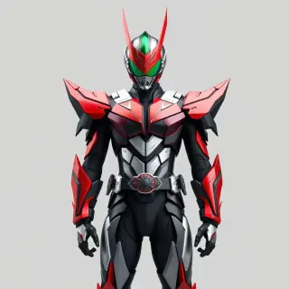 A full body, head to toe, 4K realistic quality render of a Kamen Rider hero costume. The design should be a sophisticated fusion of heroic aesthetics and intricate robotic elements, presenting a sharp, complex, and visually engaging silhouette. Symmetrical proportions. The primary armor and helmet should prominently feature two distinct colors, complemented by a single color for the inner suit and a single accent color for highlighting key details. The background should be a neutral gray, ensuring the costume is the sole focus.   No text. No blur. No bad details. No bored. No defects. No weird. No waist belt. No mechanical. No flat.