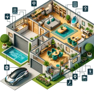 top view floorplan smart home with CCTV smart door lock smart fridge 2D plants  with bedroom dining room bathroom living room garage with futuristic car and labelling. HD image A4 size