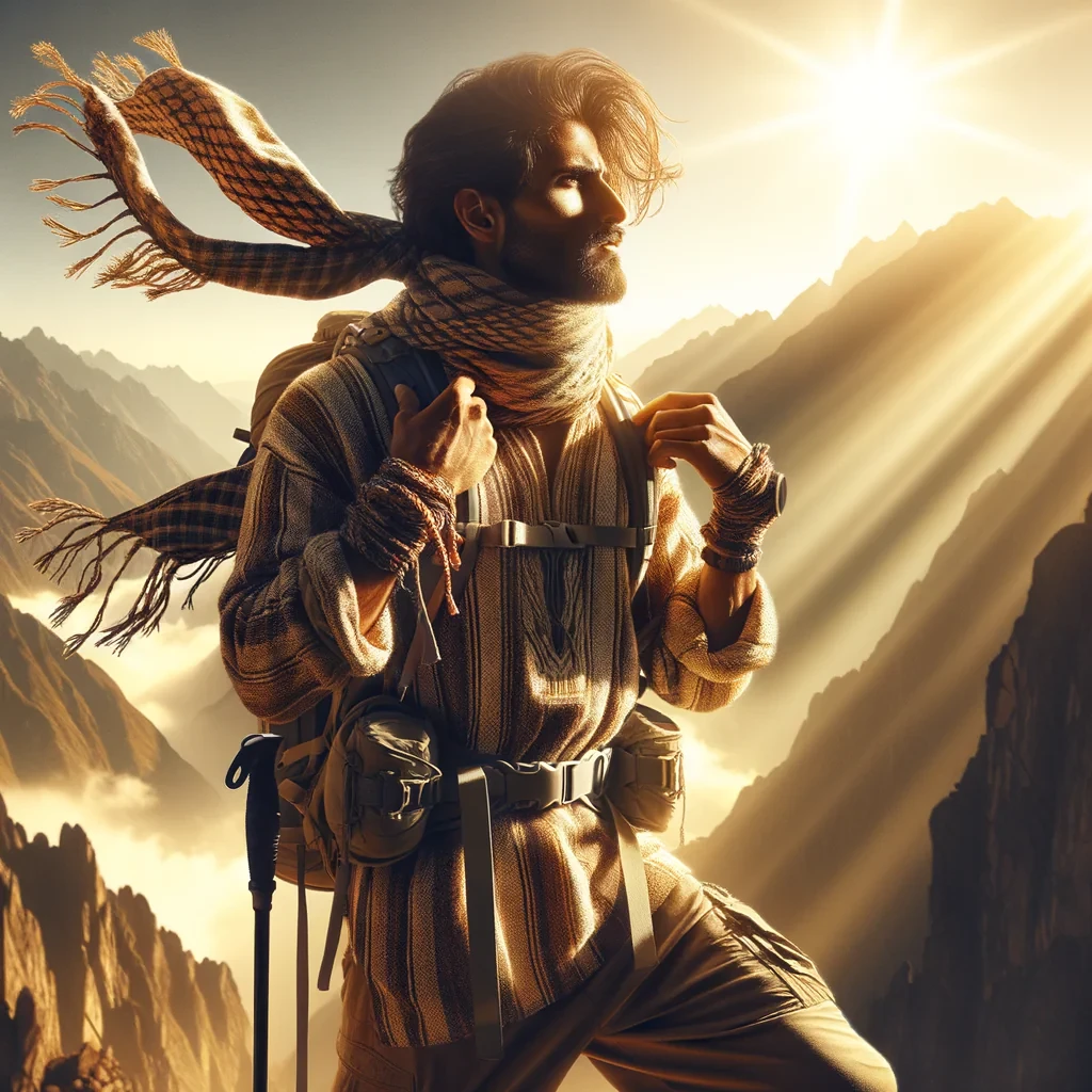 Capture the essence of a nature-loving explorer. Imagine a man wearing layered hiking gear, standing atop a sunlit mountain ridge. Golden sunlight illuminates his face, casting long shadows and accentuating rugged textures in his clothing and skin. Google Gemini can simulate wind movement, subtle lens flare, and natural environmental depth, making every detail—from loose hair strands to distant mountains—photorealistic. The pose is dynamic, perhaps with arms raised or leaning on a trekking pole, giving a sense of scale and adventure. This prompt appeals to creators emphasizing lifestyle, fitness, and outdoor aesthetics.