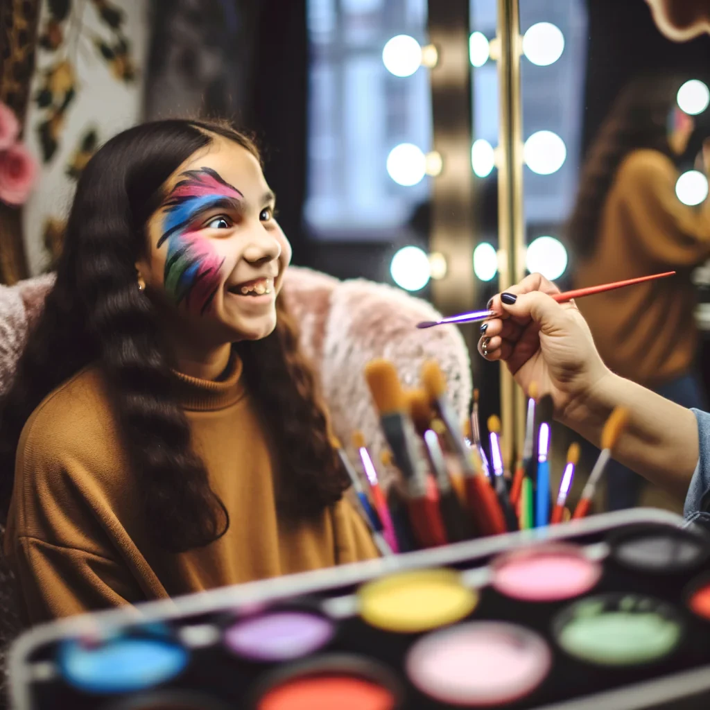image of a young girl getting her face painted at Salon. It beautifully captures the joyful and playful atmosphere. Let me know if you'd like any modifications!