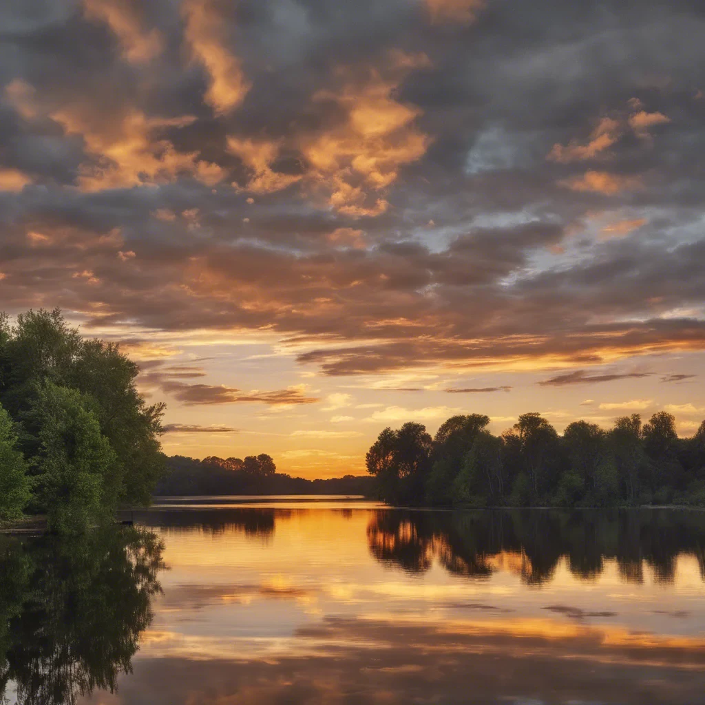 A peaceful lake at sunset with sunburnt clouds. The reflection is on water that is overlooked by trees