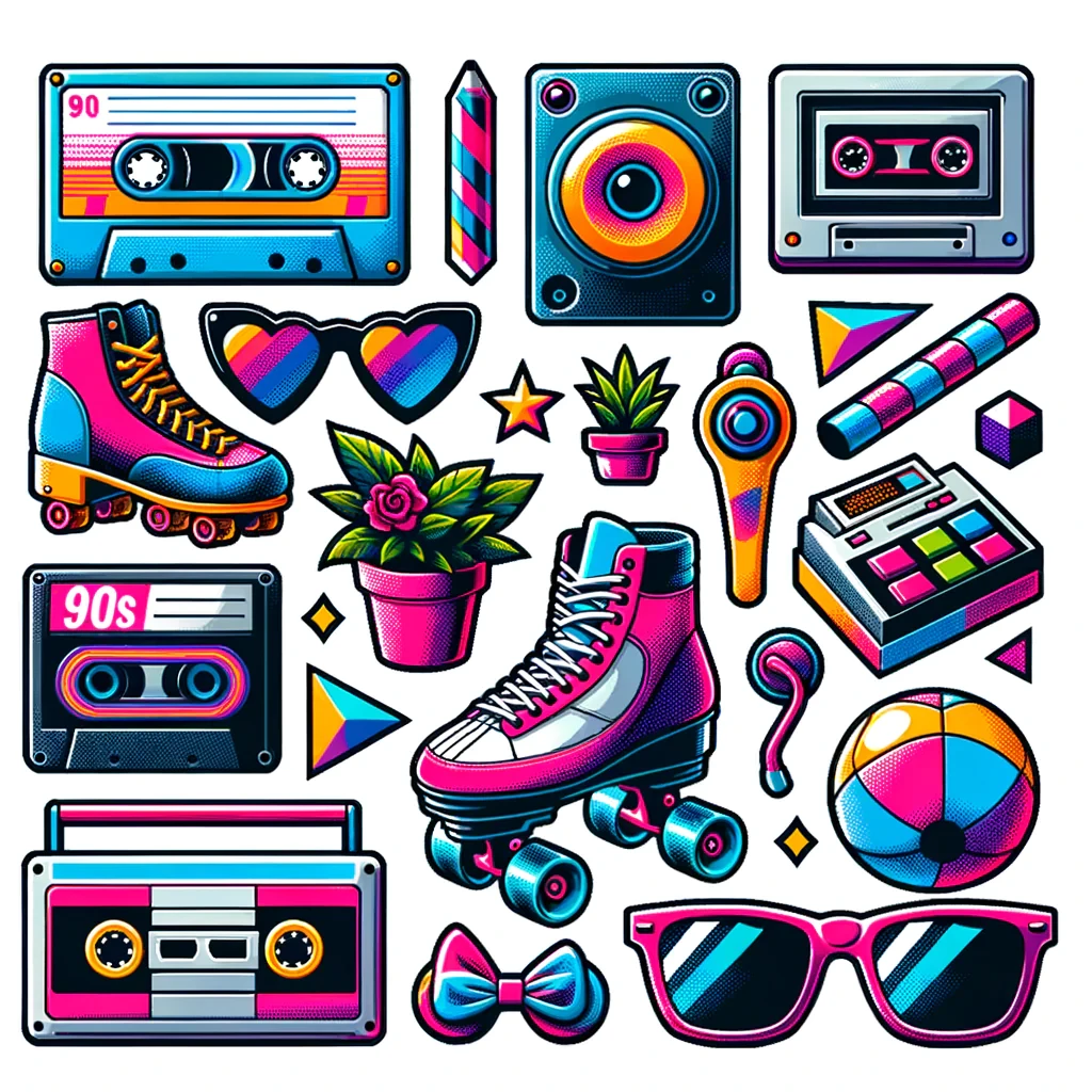 Create stickers inspired by the 90s, featuring items like cassette tapes, roller skates, vintage game consoles, and neon sunglasses. Use bold, vibrant colors and geometric patterns to give them a nostalgic yet trendy look.