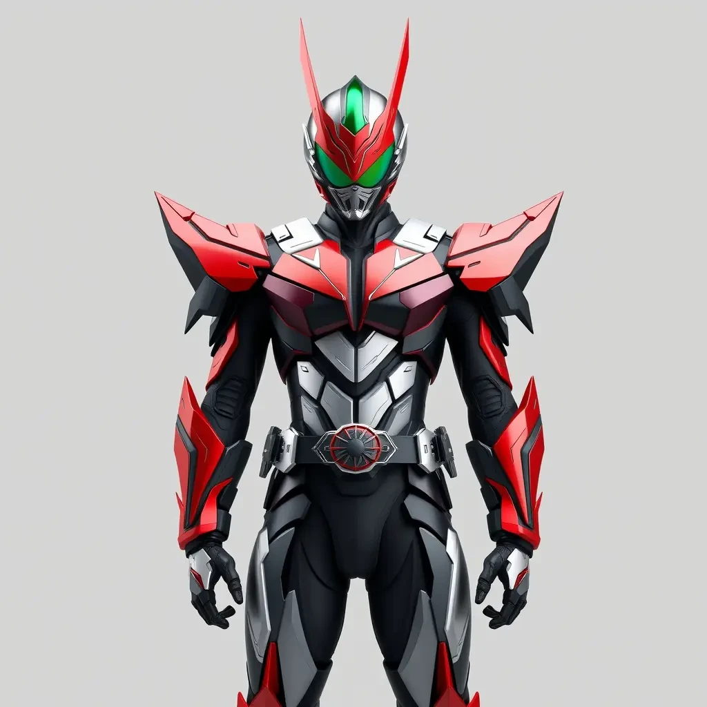 A full body, head to toe, 4K realistic quality render of a Kamen Rider hero costume. The design should be a sophisticated fusion of heroic aesthetics and intricate robotic elements, presenting a sharp, complex, and visually engaging silhouette. Symmetrical proportions. The primary armor and helmet should prominently feature two distinct colors, complemented by a single color for the inner suit and a single accent color for highlighting key details. The background should be a neutral gray, ensuring the costume is the sole focus.   No text. No blur. No bad details. No bored. No defects. No weird. No waist belt. No mechanical. No flat.