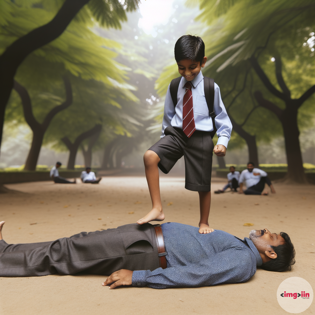 13 year old Indian boy wearing school uniform standing in barefeet stepping on lying man face in park