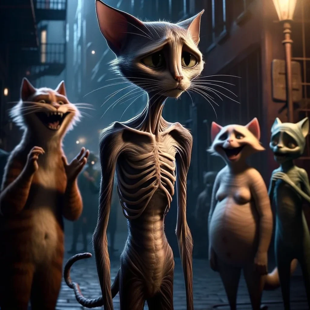 "An anthropomorphic, extremely thin cat with visible skeletal features, standing in a dimly lit area. The cat has a sad expression, wearing simple torn clothing, emphasizing its fragile appearance. Surrounding it are other anthropomorphic cats of various shapes and sizes, laughing mockingly at the thin cat. The background is a somber urban alley, with a mix of shadows and faint light adding to the emotional tone of isolation and ridicule."